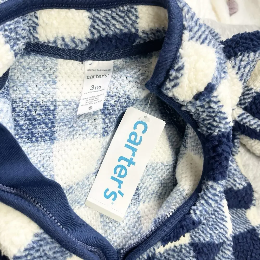 Carters Zip-Up 1 Piece Warm Long Sleeve Easy Care Jumpsuit‎ Blue Plaid 3 Months
